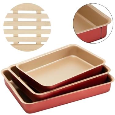 Imagem de Jogo de Assadeiras Forma Alta Retangular 03 Peças Antiaderentes + Descanso de Panela Redondo Madeira