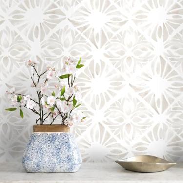 Imagem de Fiula Papel de parede geométrico Boho 197 x 16,1 papel de parede branco e cinza papel de contato branco removível para quarto impermeável removível forro de prateleira rolo de vinil