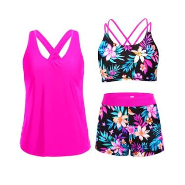 Imagem de Holipick Tanquíni feminino de 3 peças, controle de barriga, regata com sutiã, shorts para meninos e adolescentes, Flor rosa, GG
