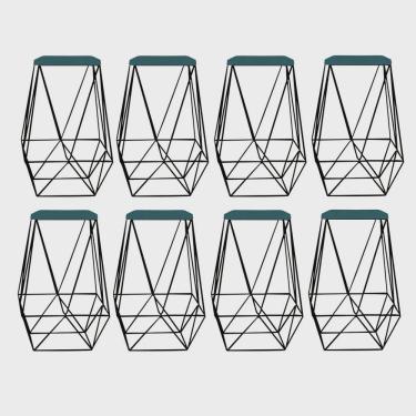 Imagem de Kit 08 Banqueta Alta Loly Para Cozinha Bar Balcão Bistrô Aramado Ferro Preto Suede Azul Turquesa - Ahz Móveis