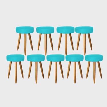 Imagem de Kit 09 Banqueta Alta Julia 50cm Bar Cozinha Balcão Bistrô Pé Palito Rústico Suede Azul Turquesa - Ahz Móveis