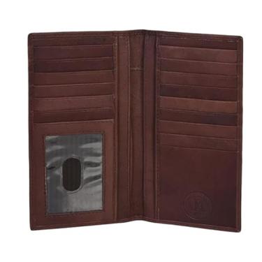 Imagem de Carteira masculina dobrável de couro genuíno Leatherboss | Porta-cartões com 6 compartimentos para cartão, janela para identidade, compartimento para dinheiro e talão de cheques, Marrom escuro