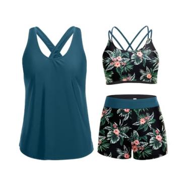 Imagem de Holipick Tanquíni feminino de 3 peças, controle de barriga, regata com sutiã, shorts para meninos e adolescentes, Verde e flor, 24 Plus Size