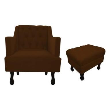 Imagem de Kit Poltrona Decorativa Julia + Puff Luis Xv Suede Marrom Pés Madeira 
