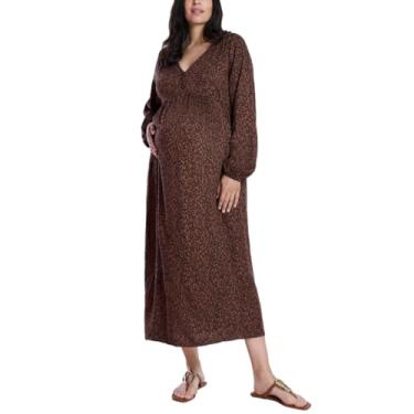 Imagem de Vestido midi feminino de manga comprida com botões frontais da Motherhood, Animal marrom, PP
