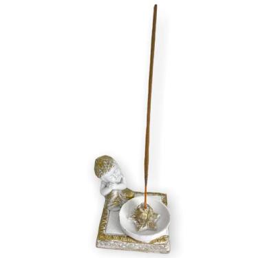 Imagem de Incensário quadrado Buda sonhador dourado e branco 7 cm em resina - 47