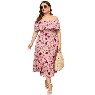 Imagem de KOJOOIN Vestido longo feminino plus size tomara que caia com babados rodado casual verão boho, Flor rosa, 4G