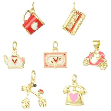 Imagem de LiQunSweet 7 peças, 7 estilos, berloques vintage retrô de latão esmaltado, chaleira de chá, fita de rádio para bicicleta, pingentes de copo de telefone para fazer joias, colar, pulseira, brinco