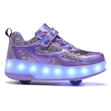 Imagem de Yogeeft Tênis infantil com rodas duplas – Tênis infantil atualizado para presentes, tênis de skate com rodas retráteis para crianças, recarregável, para presente de festa de aniversário, Wi-roxo, 12