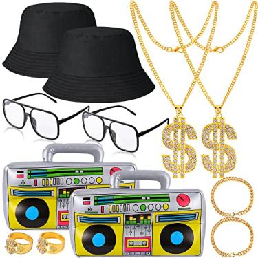 Imagem de YAROMO Hip Hop Costume Kit, 12 PCS 80s/ 90s Rapper Accessories, Sunglasses Bucket Hat Boom Box Rapper Chain Bracelet and Ring with Dollar Sign Pendant