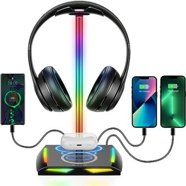 Imagem de New bee Suporte de fone de ouvido RGB com 2 portas de carregamento USB-C e 1 USB, suporte de fone de ouvido para jogos de mesa com 7 modos de luz e base de borracha antiderrapante, adequado para todos