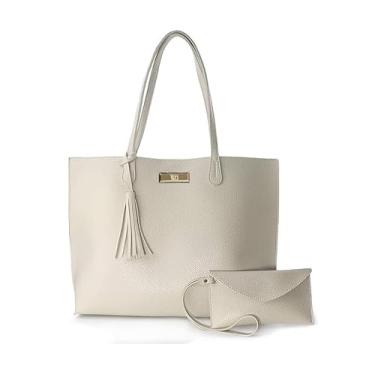 Imagem de Bolsa Tote Feminina Grande com Carteira, Couro Sintético Borgonha, Alça de Ombro com Tassel (MARFIM)