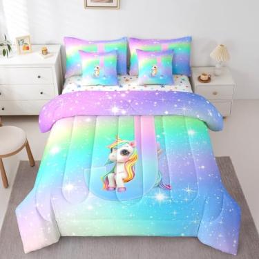 Imagem de Feelyou Conjunto de cama solteiro de unicórnio fofo, 7 peças, com inicial J personalizada, letra do alfabeto, conjunto de edredom com lençol com monograma, 7 peças