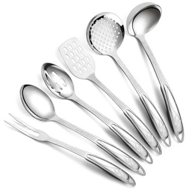 Imagem de Berglander Conjunto de utensílios de cozinha de aço inoxidável com 6 peças, conjuntos de utensílios de cozinha, itens essenciais de cozinha incluem conjunto de espátula de metal, escumadeira, concha