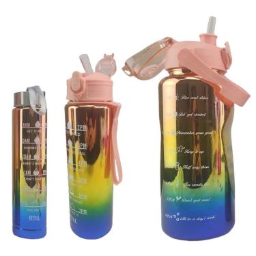 Imagem de Garrafa Motivacional Metalica Kit 3 Uni Squeeze Com Medidor Agua Cha Suco Academia Treino Estudos Casa Curso Trabalho 2 Litros 900ml 300ml