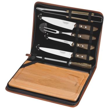 Imagem de Kit Para Churrasco Tramontina Em Aço Inox Cabo Castanho Polywood Com Tábua E Estojo 8 Peças Tramontina