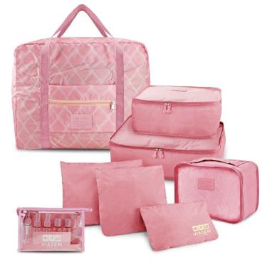 Imagem de Kit Organizador De Malas 6 Peças + Bolsa Dobrável + Frascos De Viagem 10 Peças Rosa