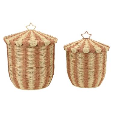 Imagem de Cesta de armazenamento de tecido, 2 unidades de caixa de cesto de vime redondo com tampa na cor café retrô para organizar roupas, brinquedos e cobertores, design inovador