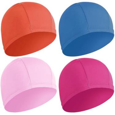 Imagem de Wholelovein Touca De Natação Elástica Para Meninas, 4 Peças, Tecido Durável, Não Impermeável, Piscina (Rosa, Vermelho, Azul Royal E Laranja)