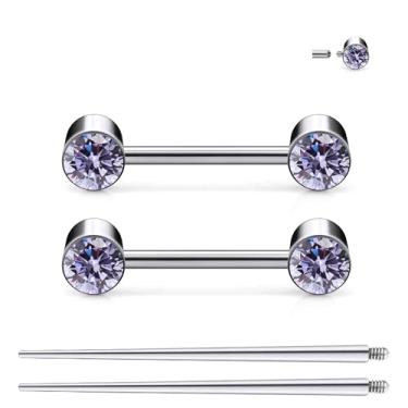 Imagem de Ruifan Piercing de mamilo com rosca interna de titânio joia redonda roxa CZ anéis de língua piercing corporal barra reta para mulheres homens 14G 14 mm com cone de piercing reto