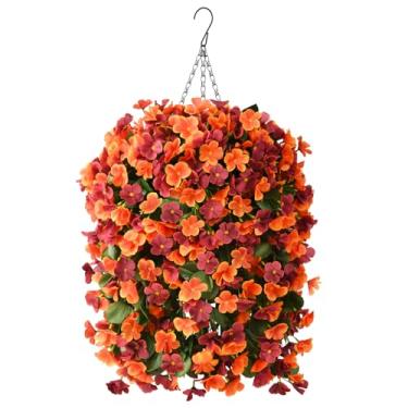 Imagem de Homsunny Flores Artificiais Falsas Penduradas, Cestas De Plantas Para Decoração Outono Ao Ar Livre, Orquídea Seda Laranja-Marrom, Resistente A Raios Uv, Aparência Real, Jardim Externo, Varanda, Páti