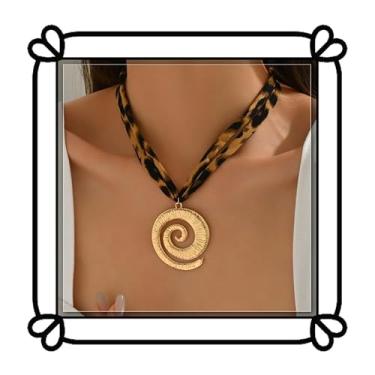 Imagem de DIONFEI Colar moderno com pingente de fita e concha dourada com estampa de leopardo - gargantilha larga retrô - joia feminina de praia de verão