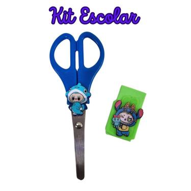 Imagem de Kit Escolar tesoura sem ponta e borracha La bubu papelaria borracha com capa escolar material férias escolares