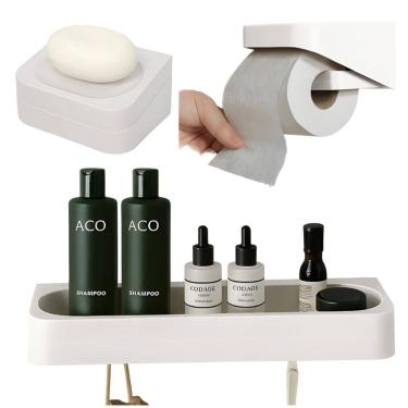 Imagem de Kit Banheiro 3pç Saboneteira + Papeleira + Porta Shampoo Com Adesivo Bege - Eleve Ou
