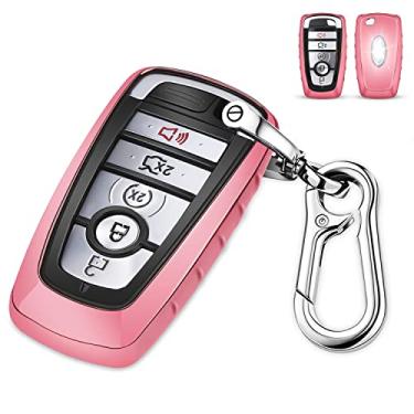 Imagem de QBUC Capa para chaveiro Ford, capa protetora de chave de carro de TPU com chaveiro compatível com Ford Fusion F150 F250 F350 F450 F550 Edge Explorer Escape Mustang 3/4/5 botões Smart Key (rosa)