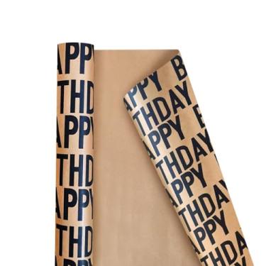 Imagem de Rolo de papel de embrulho de presente - Papel de embrulho kraft de aniversário, estilo vintage, perfeito para homens e mulheres, papel kraft marrom com padrão preto, embrulho de presente para festa de