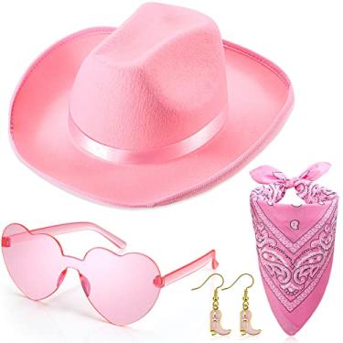 Imagem de 4 peças chapéu caubói rosa cowboy cowgirl paisley bandana óculos de sol em formato de coração balançando botas cowboy brincos para meninas mulheres ocidentais fantasia chapéus de festa joias fantasia
