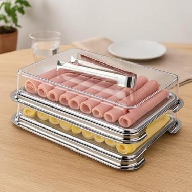Imagem de Organizador de Frios Empilhável, Aço Inox Retangular, 2 Bandejas Inox, Tampa Acrílica, com Pegador Inox