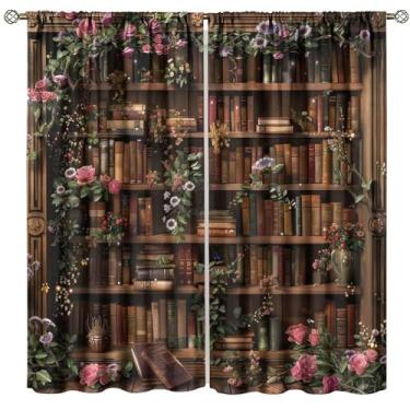 Imagem de Cortinas de estante vintage, biblioteca retrô, estante antiga, floral, estampa rústica, para decoração de janela de cômodo, bolso para varão 66 cm L x 213 cm (C) Cortinas para sala de aula, quarto