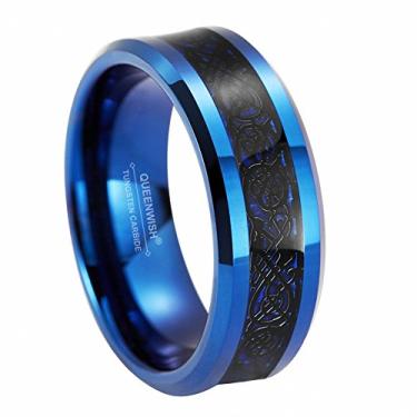 Imagem de Queenwish Anel de carboneto de tungstênio azul de 8 mm preto celta dragão azul fibra de carbono embutida aliança de casamento tamanho 6-13, Carboneto de tungstênio, Sem pedra preciosa