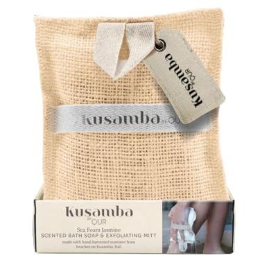 Imagem de QUR SeaFoam Bolsa de sabonete em barra de jasmim e conjunto de luvas esfoliantes corporais, mini presente de 9 peças em bolsa de juta natural com aroma costeiro e água do mar, Kusamba