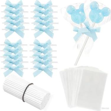Imagem de Kit de fabricação de pirulitos, palitos de 15 cm com sacos transparentes, laços rosa para decoração de casamento, 300 peças (azul)