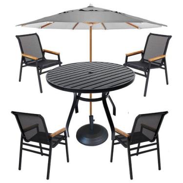 Imagem de Jogo de Mesa 90cm Alumínio 4 Cadeiras Piscina Jardim + Guarda Sol - No