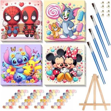 Imagem de 4 pacotes de tinta de desenho animado por números para crianças com tela emoldurada, pintura por números para crianças de 8 a 12 anos com cavalete de madeira, kits de pintura faça você mesmo para