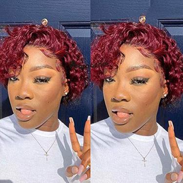 Imagem de Perucas de cabelo humano com tela frontal para mulheres negras, densidade 180% corte Pixie cacheado curto Bob peruca de cabelo humano perucas 33 x 4 x 1 parte esquerda lace frontal perucas de cabelo humano com baby hair 20 cm 99J