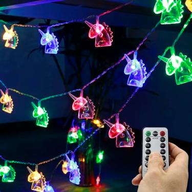 Imagem de Lushangshou Decorações de aniversário de unicórnio, luzes de fadas, operadas por bateria, 30 LEDs, cordão de unicórnio, luzes com controle remoto para crianças, quarto, barraca, lembrancinhas de festa