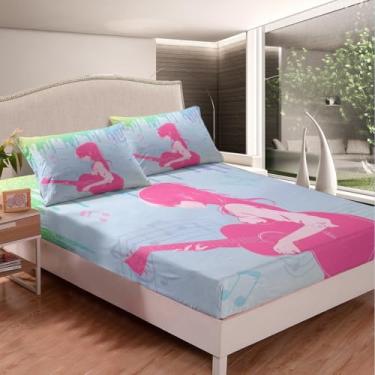 Imagem de jejeloiu Jogo de lençol para meninas, cantora, azul, guitarra, Queen, com glitter, moderno, para mulheres, presente para irmãs amigas, lençol com elástico profundo (sem lençol de cima)