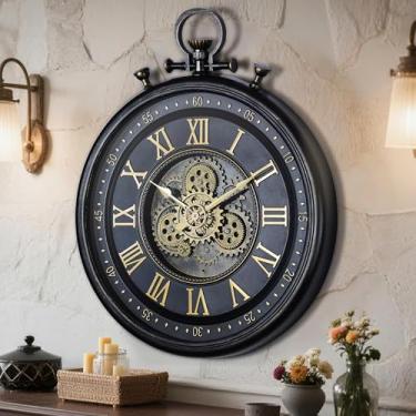 Imagem de AYRELY Relógio de parede grande decorativo de 61 cm, engrenagens steampunk industriais grandes, relógio de parede com números grandes para decoração moderna de sala de estar (preto carbono)