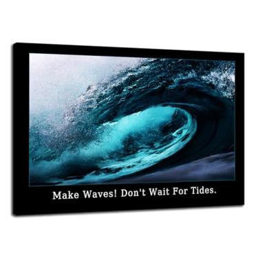 Imagem de Make Waves! Don't Wait For Tides.Surging Sea Wave Pictures Canvas Motivational Wall Art Significado Assuma o controle da sua vida Citações inspiradoras pôsteres para sala de estar quarto emoldurado