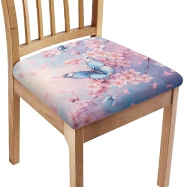 Imagem de Kuiaobaty Pacote com 6 capas de assento para cadeiras de sala de jantar, capas elásticas para cadeiras de sala de jantar, estética, rosa, estampa floral, borboleta, cadeira, almofada, festa, casamento