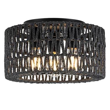 Imagem de Luminária de teto de vime, luz de teto moderna boêmia de 3 luzes, luz de teto preta Boho embutida para quarto, sala de estar, sala de jantar, lâmpada não incluída