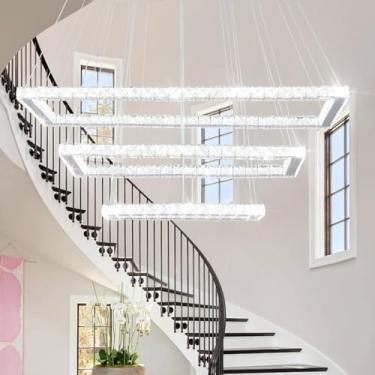 Imagem de Finktonglan Lustre de cristal moderno de 79,8 cm, 3 anéis retangulares de LED, lustres pendentes de luz de teto para sala de jantar, cozinha, ilha, escada, poço (6000 K, branco frio)