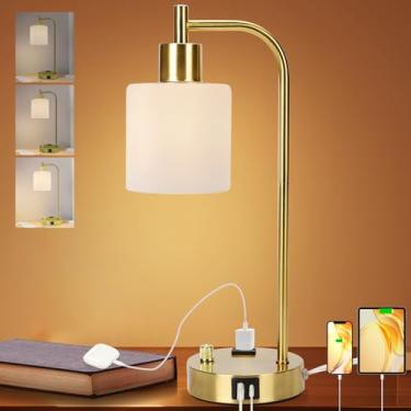 Imagem de Abajur de mesa industrial, luminária de mesa dourada regulável contínua, luminária de mesa dourada com 2 portas USB e tomada CA, vidro fosco, luminária de cabeceira para quarto e sala de estar (ouro)