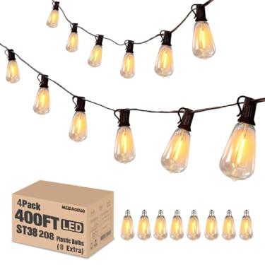 Imagem de Cordão de luz LED Edison para ambientes externos, 100 m, com 200 + 8 lâmpadas extrais inquebráveis ST38 vintage 2200 K, à prova d'água, para pátio, varanda, pérgula, jardim, quintal, 4 unidades x 30 m