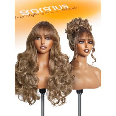 Imagem de GORGIUS Peruca loira Balayage com franja, peruca longa solta ondulada do corpo com destaques, peruca de franja sem cola pré-branqueada atualizada com fibra premium Style-Archive