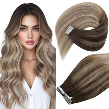 Imagem de Ve Sunny Extensões de cabelo humano real com fita adesiva invisível, fita Remy, extensões para mulheres, marrom escuro, ombre, loiro dourado, balayage, loiro platinado, 56 cm, 20 peças